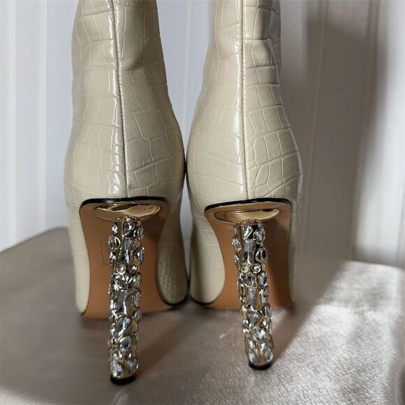 Azalea Wang Cream Croc Embossed Crystal Heel Pointed Toe Boots Size 7.5 - Picture 5 of 9